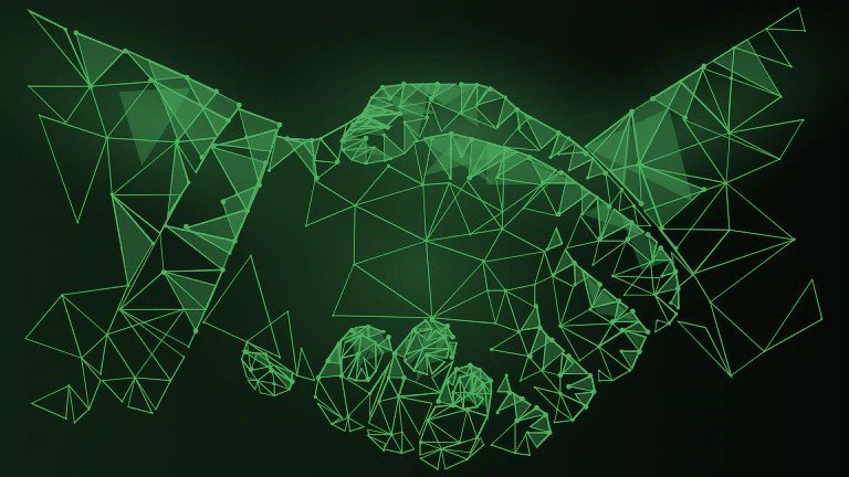 Green and black digital hand shake Green and black digital hand shake