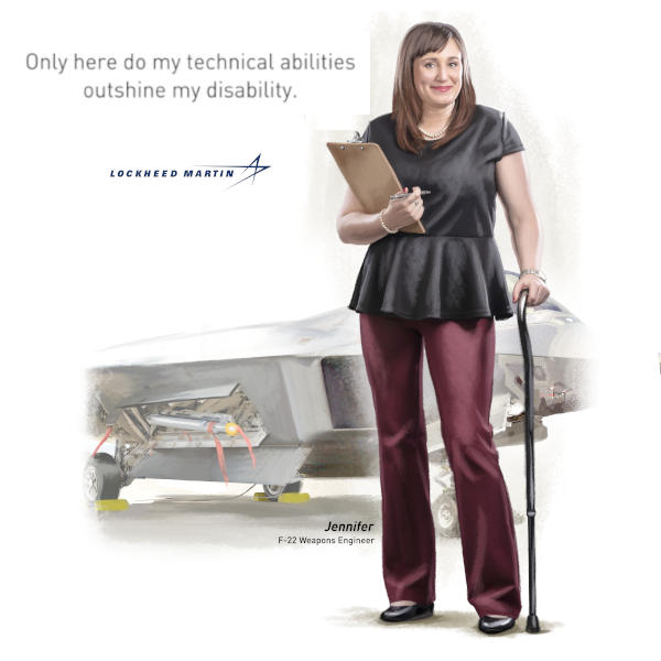 Jennifer F-22 weapons engineer standing with cane holding files Jennifer F-22 weapons engineer standing with cane holding files