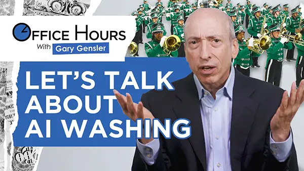 Ad for Youtube video of Gary Gensler's office hours. Let's talk about AI Ashing