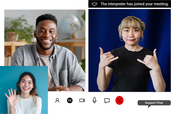 recruiter job seeker and interpreter in a video meeting showing screen controls and an alert that the interpreter has joined the meeting