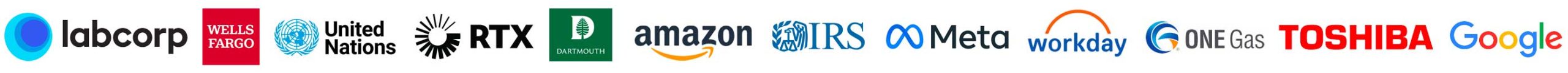 employer logos from LabCorp, Wells Fargo, United Nations, RTX, darmouth, Amazon, IRS, Meta, Workday, one gas, toshiba, google