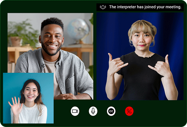 Video meeting screens with job seeker recruiter interpreter