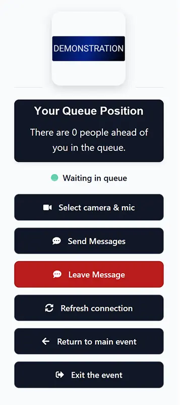 Waiting area menu with queue position, waiting alert and action buttons