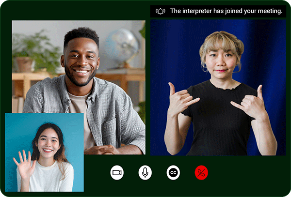 Video meeting screens with job seeker recruiter interpreter